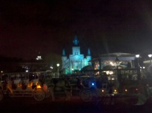 St Louis Cathedral at Jackson Square is all lit up for the Super Bowl